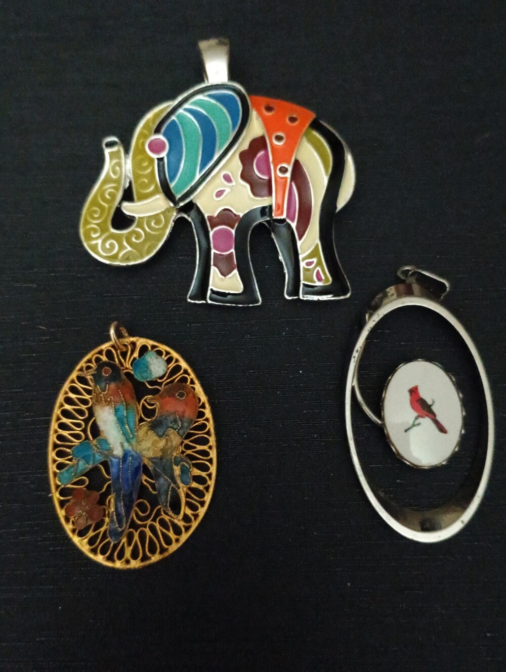 Colorful Enamel Elephant and Bird Pendant Set